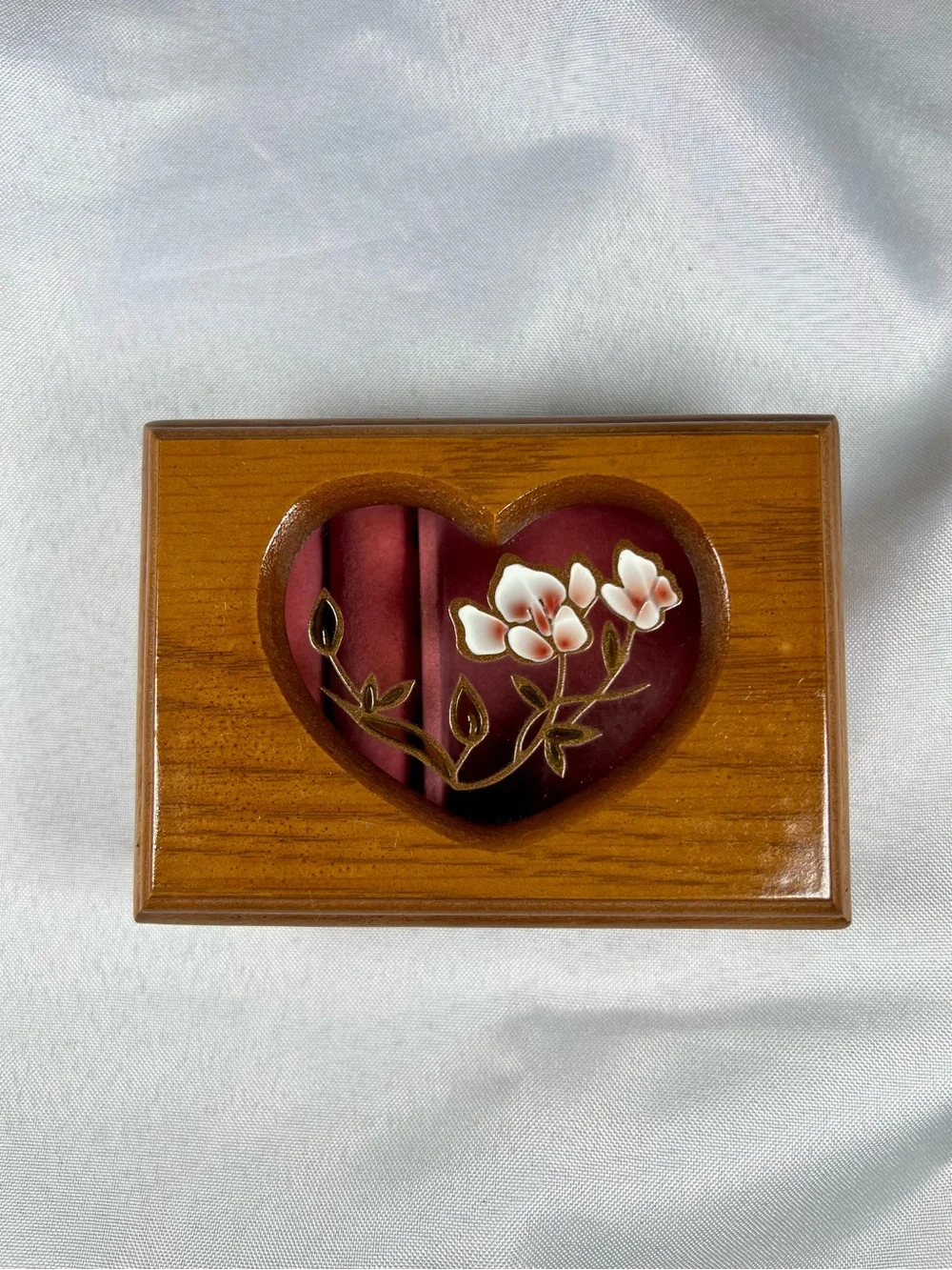 Vintage 80s Wooden Jewelry Box Pink Velvet Heart